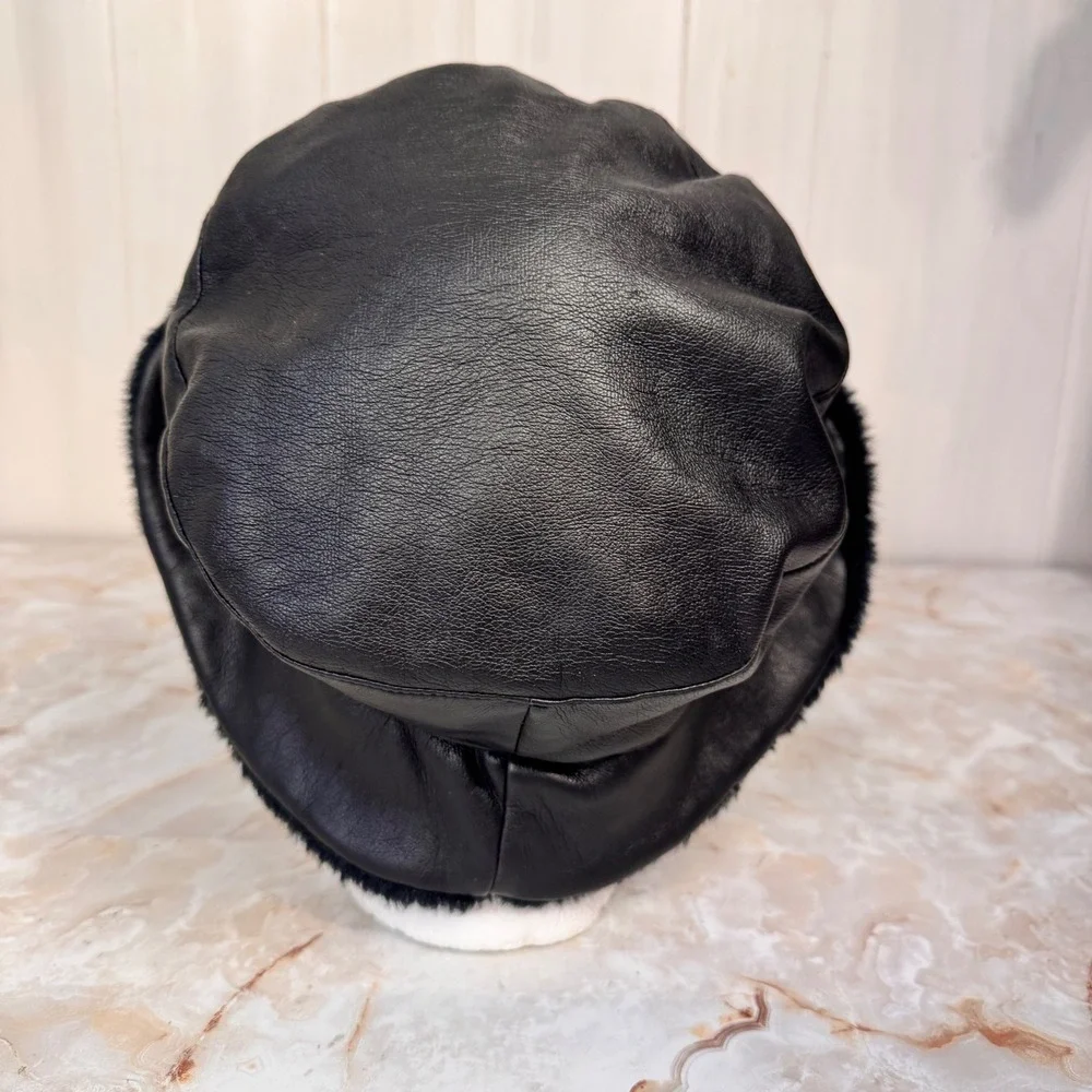 Faux Leather Bucket Hat Women Black Faux Leather and Fur Trim Winter Retro Chic